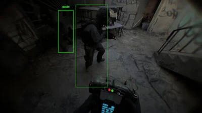 Ugc – Bodycam ESP wallhack with green player boxes in a tactical indoor firefight